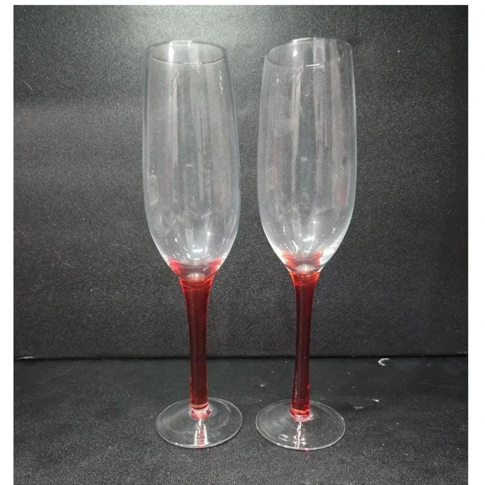 Red Stemmed Champagne Flutes, Set of 2, Hand Blown Toasting Glasses, Stemware‎